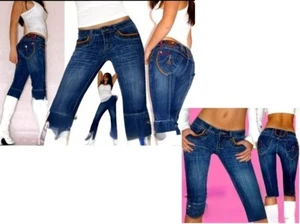SeXy Miss donna Girly Capri fianchi jeans pantaloni bermuda pieghevoli S 34 M 36 L 38 blu - Foto 1 di 2