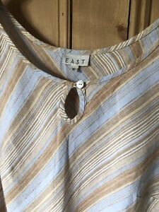 Long Sleeveless Summer Dress By East Stripey Linen Beige & Pale Blue  Size L