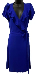 REVIEW Womens Blue Stretch Jersey Wrap Short Sleeve Dress Ruffle Frill Size 10 - Picture 1 of 5