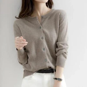 Cárdigan suéter para mujer mezcla de cachemir color liso simple cuello redondo chaqueta abrigo - Imagen 1 de 32