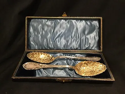 Pair Of Beautiful Antique Highly Ornate Cased Serving Spoons C4 • 95.77$