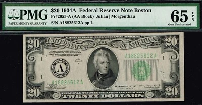 $20 1934A Boston  FRN. Fr. 2055-A. VERY TOUGH NOTE.  PMG 65 EPQ - Image 1 of 4