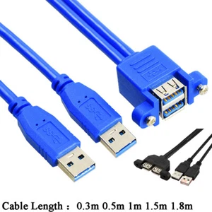 Dual USB 2.0/3.0 A Male to Female Extension Cable With Screws Panel Mount Black - Picture 1 of 17