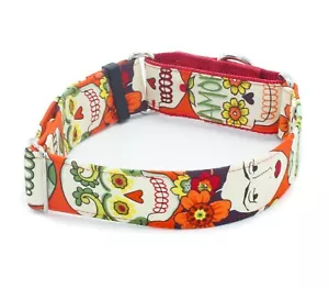 Frida Flowers Red Sugar Skull Dog Collar soft fabric walking training collars - Picture 1 of 11