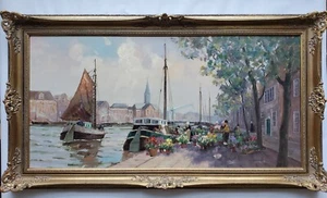 Gemälde Öl Stadt Amsterdam Niederlande Blumenmarkt Kanal Signiert - Bild 1 von 11