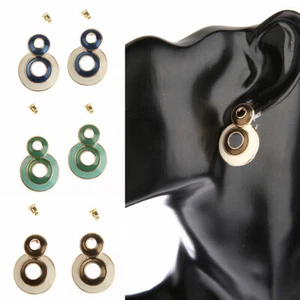 Bohemian Boho Blue/Green/Black Two Round Circle Metal Stud Women Hook Earrings - Picture 1 of 14
