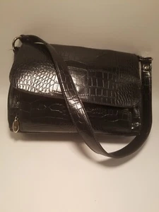 Liz & Co. Black Croc Medium Size Flap Shoulder Handbag/Purse SilverTone Hardware - Picture 1 of 7