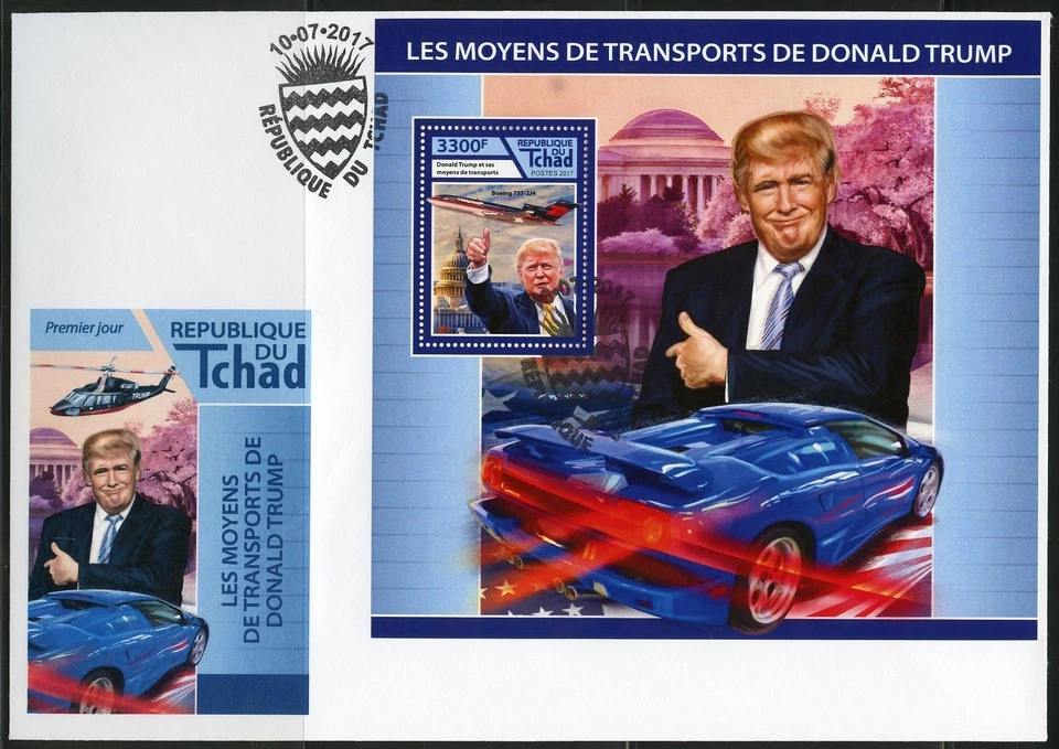 CHAD 2017  MODES OF TRANSPORTATION  FOR  DONALD TRUMP  SOUVENIR SHEET FDC - Image 1 of 1