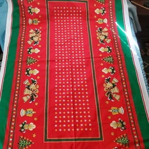 Vintage Christmas Tablecloth 100" x 58" Red Green Bells Candles Angel's Stars - Picture 1 of 9