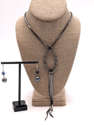 Gunmetal Black Necklace with Rhinestone pendant & NWT Ann Taylor Dangle Earrings Foto 1 de 4