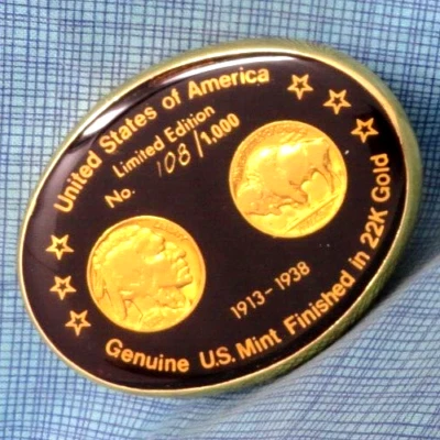 Buffalo Nickel Belt Buckle 22K Gold Finished 108 of 1000 Vtg 80s Von West.TAZ771 - Image 1 of 4