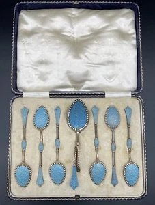 Sterling Silver & Enamel Demitasse Spoon Set Marius Hammer Norway Guilloche - Picture 1 of 18