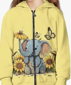 Yellow Elephant Zip Hoodie Cute Long Sleeve Fashion Sweatshirts Flowers - Picture 1 of 9