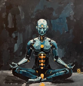 Original Robot Meditation Lotus Monk Scf-fi Impasto Futurism Painting Art 18x18" - Picture 1 of 2