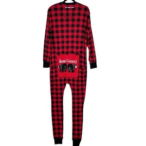 Lazy One Bear Cheeks Flap Jack Pajama Sz L Red Black Buffalo Plaid Unisex - Picture 1 of 10