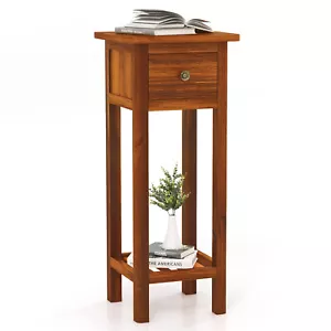 Solid Wood Side Table w/ Acacia Wood Top Drawer & Open Shelf Small Nightstand - Picture 1 of 10