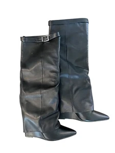 Black Leather & Synthetic Womens Knee-High Wedge Boots With Buckle Detail Size 9 - Picture 1 of 5