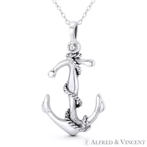 Ship's Anchor & Rope Sailor Luck Charm Nautical Pendant in .925 Sterling Silver - Picture 1 of 1