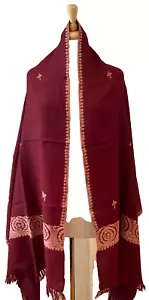 Pashmina Shawl Wrap Embroidered 100% Kashmir Wool Burgundy Wine 2 - Picture 1 of 9