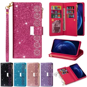 For iPhone 16e/15/14/13/12/11 Pro Glitter Wallet Case Zip Multi Card Flip Cover - Picture 1 of 37
