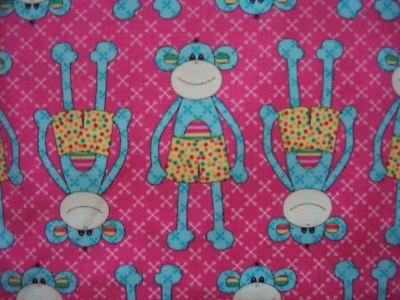 SOCK MONKEY SHORTS PINKS BLUES COTTON FABRIC FQ OOP - Image 1 of 4
