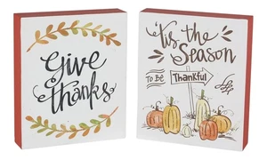Give Thanks Tis Season to be Be Thankful Fall Chunky Shelf Sitters Set of 2 Wood - Picture 1 of 1
