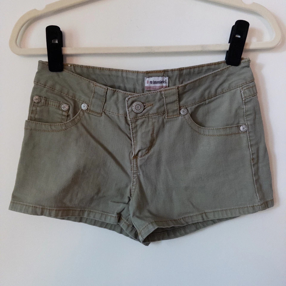 Y2K No Boundaries Olive Green Micro Shorts Juniors 3 Low Rise Stretch 2000s 2.5" - Image 1 of 4