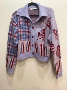 Zara Purple Plaid Floral Knit Boxy Crop Collared Cardigan M Cottagecore Grannie - Picture 1 of 9