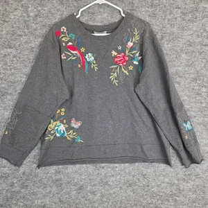 Johnny Was Sweatshirt Damen XL grau bestickt Vogel Blumen Freizeit Pullover - Bild 1 von 10