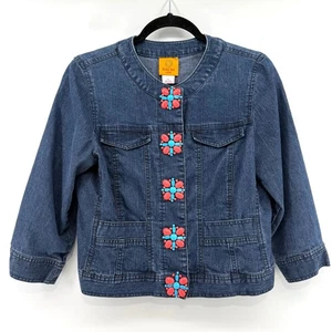 Ruby Rd Denim Jacket Beaded Embellished Collarless 3/4 Sleeve Snap Button 8P - Picture 1 of 7