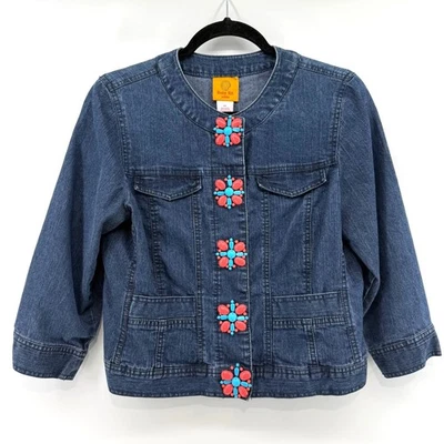Ruby Rd Denim Jacket Beaded Embellished Collarless 3/4 Sleeve Snap Button 8P - Image 1 of 4