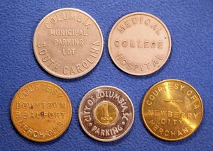 5 South Carolina parking tokens - Charleston, Columbia, Newberry, & Beaufort - Picture 1 of 2