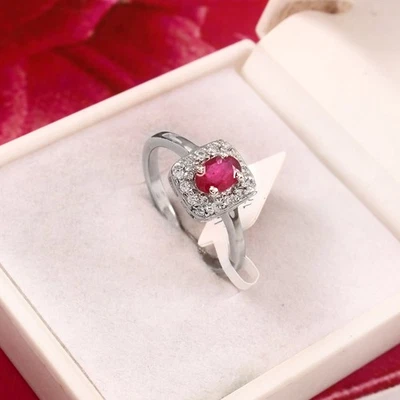 Oval Ruby Ring Sterling Silver Diamond Accent Band Promise Ring Birthday Gift - Image 1 of 4