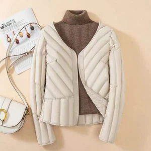 Light Down Jacket Liner Women's New V-neck White Duck Down Coat Short Overcoats  - Picture 1 of 13