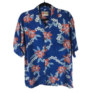 Hilo Hattie Mens Hawaiian Aloha Shirt Pocket Floral Print Blue Red M - Picture 1 of 5