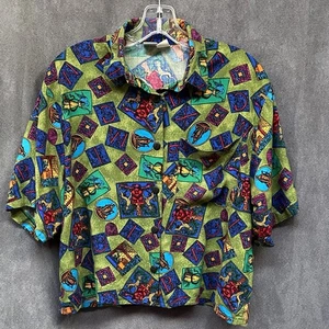 Camicia top blusa vintage anni '80 stampa stemma leone rayon donna media - Foto 1 di 6
