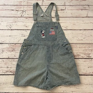 Disney Denim Overalls Womens Large Jean Romper Embroidered Flag Mickey Mouse - Picture 1 of 9