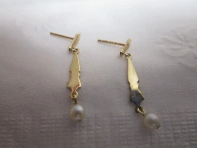 14K YELLOW GOLD DANGLE PEARL EARRINGS;   STUD POST EARRINGS - Image 1 of 4