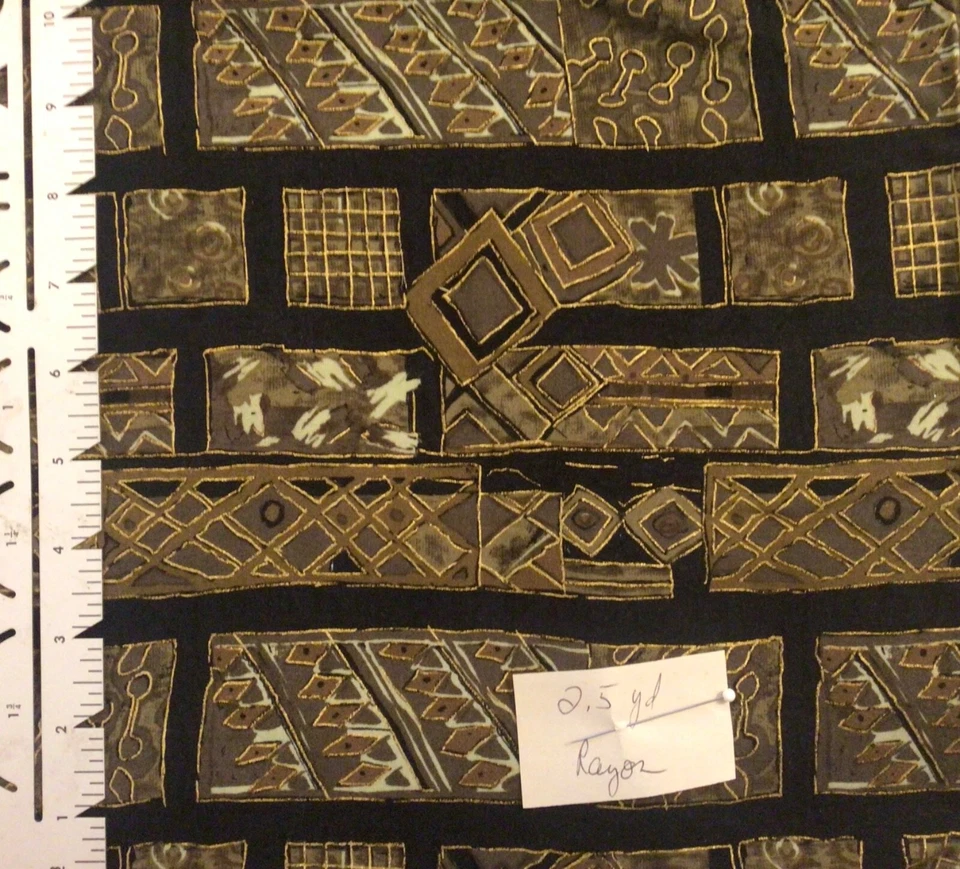 Rayon Challis Golden Taupe Tribal Squares on Black 2.5 Yards - Изображение 1 из 1