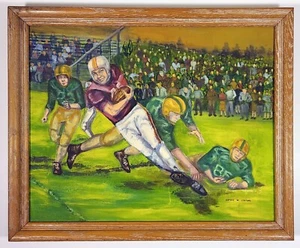 SOPHIE ONTON VINTAGE OIL PAINTING FOOTBALL PLAYERS FRAMED CANVAS 1950s - Picture 1 of 7
