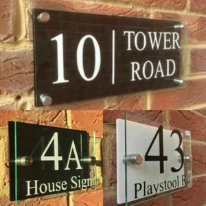 MODERN HOUSE SIGN PLAQUE DOOR NUMBER STREET GLASS EFFECT ACRYLIC BLACK NAME - Picture 1 of 7