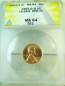 1960 D/D Lincoln cent ANACS MS64RED *LG Date RPM 33* BR - Picture 1 of 3