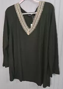 BloomChic Women TOP 18 20 Olive Green Kakhi Crocheted V-Neck Knit Ribbed NEW - Picture 1 of 12