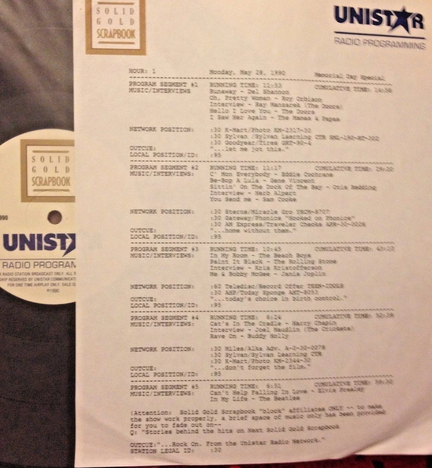 RADIO SHOW 5/28/90 MEMORIAL DAY: DOORS, BEACH BOYS, BUDDY HOLLY, HARRY CHAPIN - Image 1 of 1