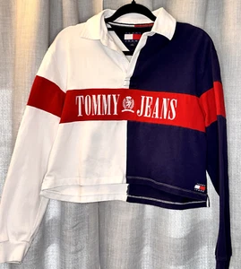Y2K Tommy Hilfiger Gr. L Rugby Langarmshirt Cropped Colorblock Spell Out - Bild 1 von 11