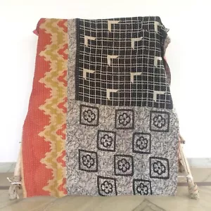 Art Kantha Twin Quilt Handmade Vintage Reversible Blanket Cotton Bohemian Throw - Picture 1 of 4