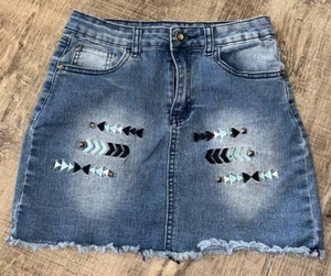 Kensie Girls 14 Blue Denim Jeans Skirt Embroidery Western - Picture 1 of 3