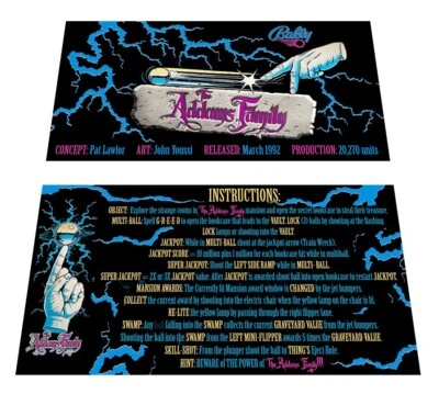 Bally The Addams Family Pinball Custom Apron Instruction Cards - Image 1 of 3