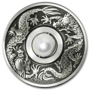 2017 Tuvalu Dragon and Rotating Pearl 1 oz .999 Silver Antique BOXCOA Perth Mint