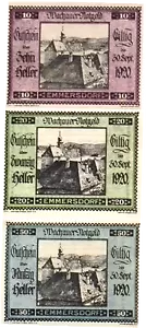 1920 Österreich WACHAUER Kompletter Satz 10 20 und 50 Heller Notgeld / Banknoten UNC - Bild 1 von 2